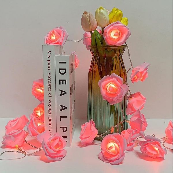 MUPOO LED-Lichterkette LED Nachtlicht 3M 20LEDs Girlande,Kunstblume Rose Warmweiß,Batterie, für Party Weihnachten,Blumengirlande Rose,LED Dekolicht