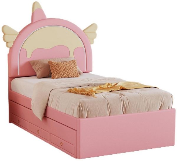 TavilaEcon Kinderbett Cartoon Einhornform Kinderbett Familienbett Jugendbett, PU, ausgestattet mit ausziehbares Rollbett, 90x200cm/90x190cm