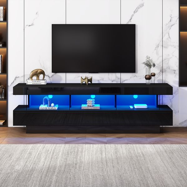 TV-Schrank 160x38x50,5 cm in Schwarz Hochglanz mit 3 Glasablagen, LED und Bluetooth-Steuerung