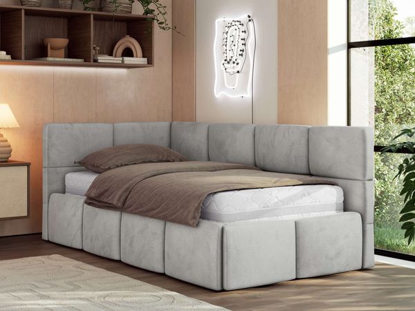 Jugendbett 90x200 ARVO Polsterbett mit Bettkasten, Stauraum & Gasdruckfeder, Modernes Design mit Kopfteil - Hellgrau Velvet - Links Seite