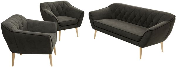 Wohnzimmerset PIRS 1-1-3, Skandinavisches 3-Sitzer Sofa mit Sesseln, Sofa mit Wellenfederung, Buche Füße, Skandinavisches Möbelset - Dunkelgrau Velvet Bild 8