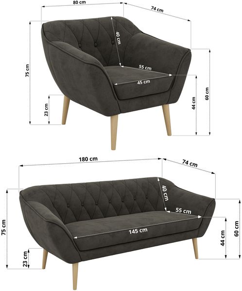 Wohnzimmerset PIRS 1-1-3, Skandinavisches 3-Sitzer Sofa mit Sesseln, Sofa mit Wellenfederung, Buche Füße, Skandinavisches Möbelset - Dunkelgrau Velvet Bild 5