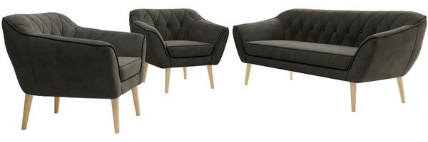 Wohnzimmerset PIRS 1-1-3, Skandinavisches 3-Sitzer Sofa mit Sesseln, Sofa mit Wellenfederung, Buche Füße, Skandinavisches Möbelset - Dunkelgrau Velvet Bild 6