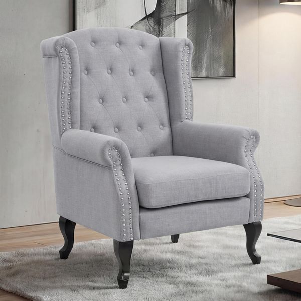 Sessel Chesterfield, Relaxsessel Clubsessel Ohrensessel, wasserabweisend Stoff/Textil ~ grau ohne Ottomane