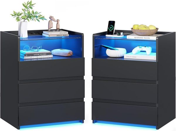 MSMASK Nachttisch mit LED-Beleuchtung und Steckdosen, 3 Schubladen, 45x35x61cm (2-St), Nachtschrank mit Sichtbarer Glastischplatte