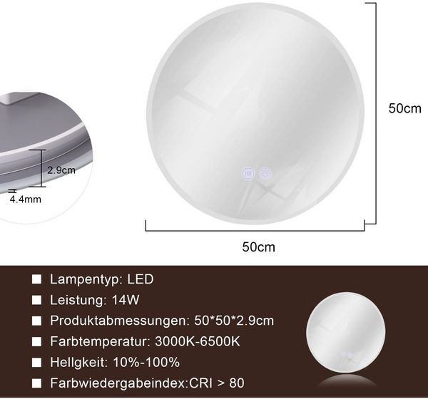 ZMH Spiegel Bad Badspiegel mit Beleuchtung - LED Wandspiegel Rund 50cm Badezimmer Badezimmerspiegel mit Touch-Schalter und Entfogger-Funktion Lichtspiegel Dimmbar 3000K-6500K Bild 3