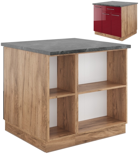 Kücheninsel Fame-Line Bordeaux Hochglanz/Goldkraft Eiche 90 cm mit Schublade, ohne Arbeitsplatte Vicco