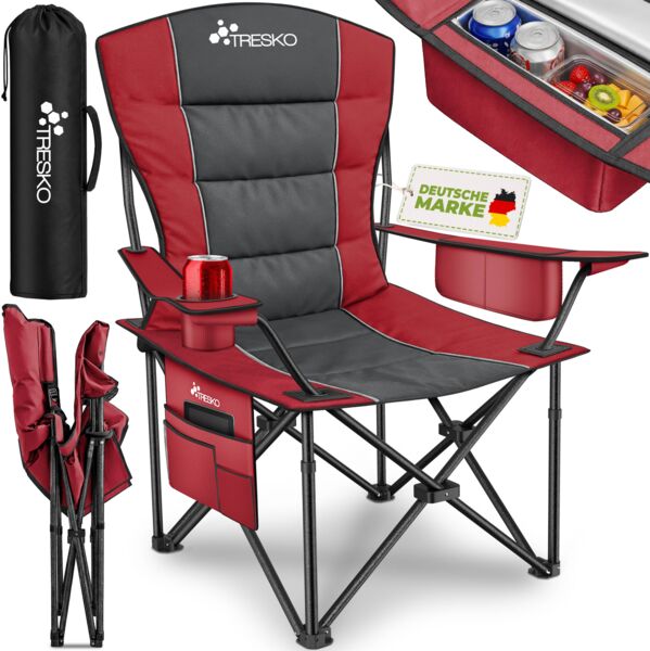 TRESKO® Campingstuhl Faltbar bis 200kg | Faltstuhl mit Kühltasche, Getränkehalter & Seitentasche | Klappstuhl XXL inkl. Tragetasche | Angelstuhl gepolstert für Outdoor, Angeln, Festival & Garten