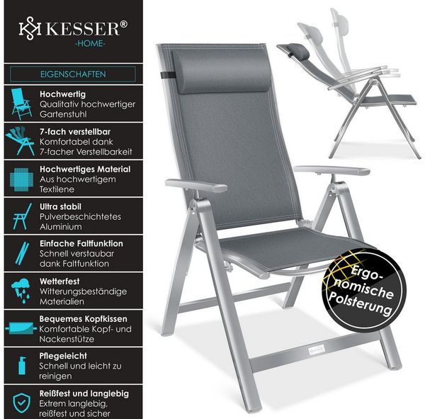 KESSER® Gartenstuhl Hochlehner mit Armlehnen | Aluminium Klappstuhl inkl. Kopfkissen Campingstuhl 7-Fach Verstellbar Rückenlehne | Atmungsaktiv & Wetterfest | Klappbar & Anti-Rutsch Hellgrau, 1 Stück Bild 2