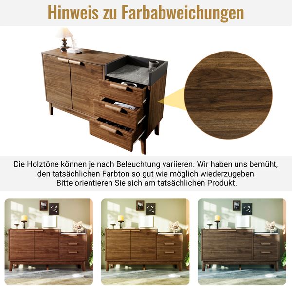 Kommode 120 x 40 x 77 cm mit 3 Schubladen & Doppeltürschrank – Eiche-Dekor, Marmor-Optik, höhenverstellbare Ablage Bild 4