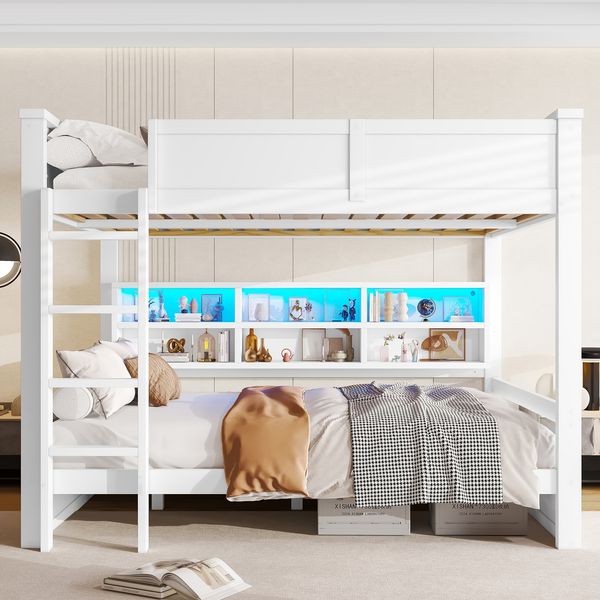 Merax Kinderbett 160x200cm Etagenbett Hausbett Doppelbett mit Stauraumschränken und LED-Licht, Weiß