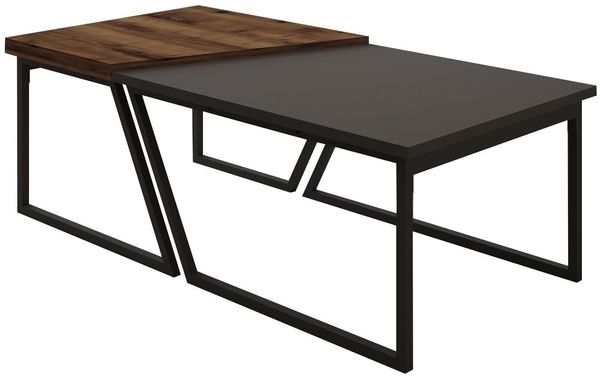 Modern Coffee Table Set (2 Pieces), Anthracite & Rustic Walnut, 120 x 40.6 x 60 cm | 100% Melamine Coated, Black Metal Legs | Stylish Industrial Design