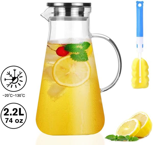 ElitVita Wasserkaraffe 2,2L Glaskaraffe mit Deckel, hitzebeständig, großer Krug,-30°C~130°C, (1-tlg), Für Wasser, Tee, Saft & Eistee, mit Filterdeckel & Griff