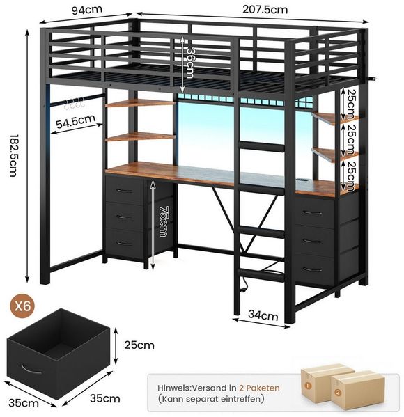 MSMASK Hochbett Jugendbett mit Schreibtisch, 6 großen Schubladen & 4 Ablagen (Ohne Matratze) Kinderbett mit Metall-Rausfallschutz und Leiter, 90x200 cm