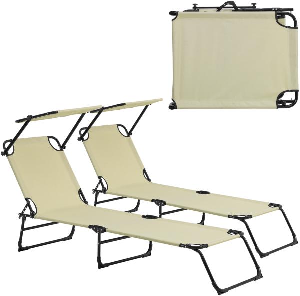 2er Set Sonnenliege Lomeda mit Sonnendach 187x53x27cm Creme [casa. pro]