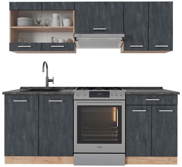 Küchenzeile R-Line Schwarz Beton/Goldkraft Eiche 200 cm AP Anthrazit Vicco