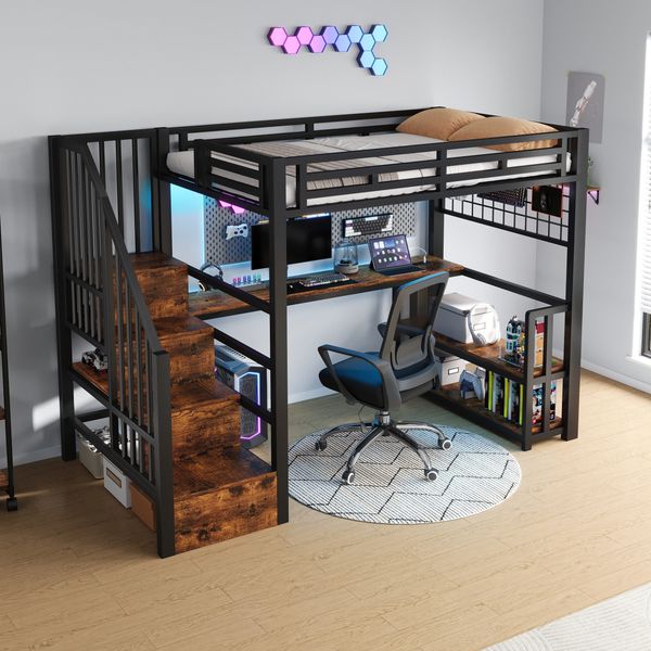 Hochbett mit RGB LED-Streifen, Schreibtisch, Treppe, Regal, Wandgitter, USB, Type-C, 90x200cm, Kinderbett, Metallbett