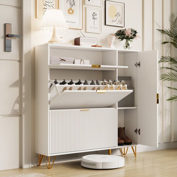 FUROKOY Schuhschrank Weiß Schuhregal Schuhkipper mit 2 Klappen und Kippsicherung (Schmal Schrank Schuhkommode, für 20 Paar Schuhe) für Eingangsbereich, Flur, 110 x 24 x 114.5 cm