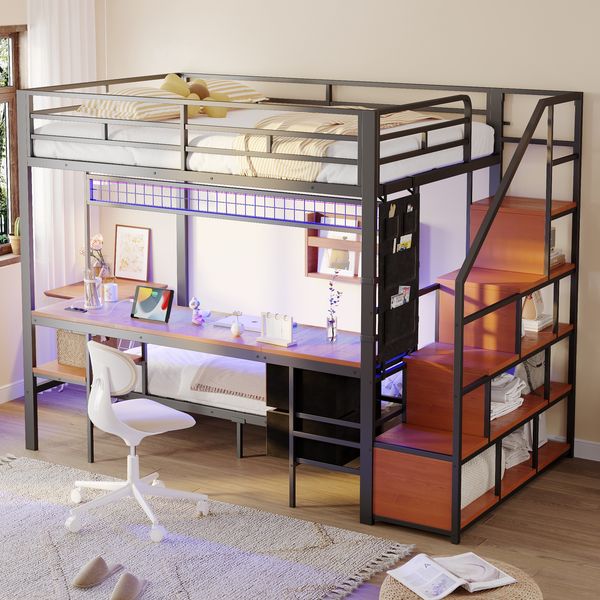 Metall-Hochbett,Multifunktionsbett mit Schreibtisch,LED,Mit Steckdosen,offenem Stauraum und Stoffschubladen-Oberbett 140*200,und Unterbett 90*200,Schwarz