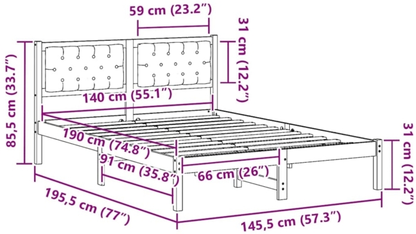 vidaXL Bettrahmen Hellgrau 140 x 190 cm Massives Kiefernholz 878198 Bild 10