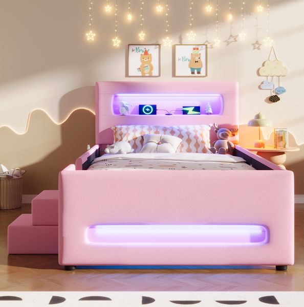 Plattformbett 90x200 cm mit LED, Schublade & Treppe in Rosa/Weiß, ohne Matratze