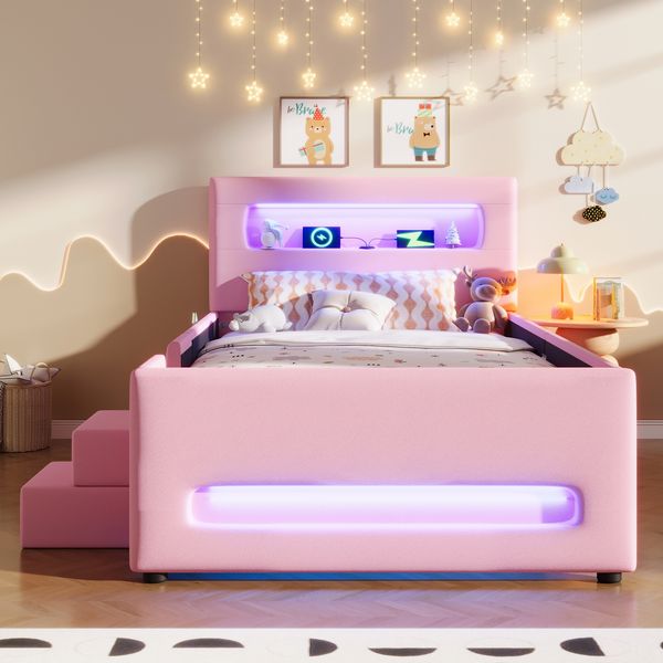 Plattformbett 90x200 cm mit LED, Schublade & Treppe in Rosa/Weiß, ohne Matratze