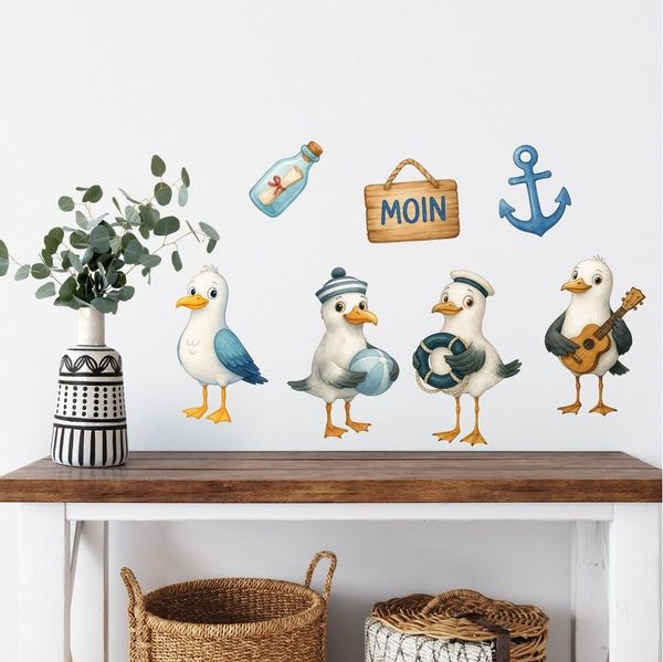 Sunnywall Wandtattoo Aufkleber Maritim Möwen - maritime Wanddeko für Kinderzimmer, selbstklebend, konturgeschnitten, rückstandslos entfernbar