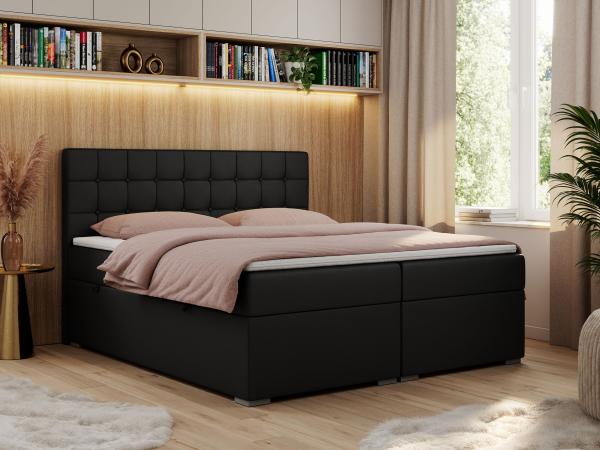 Boxspringbett, Doppelbett, Polsterbett mit Kopfstütze - CARMEN - 140x200cm - Schwarz Kunstleder - H4
