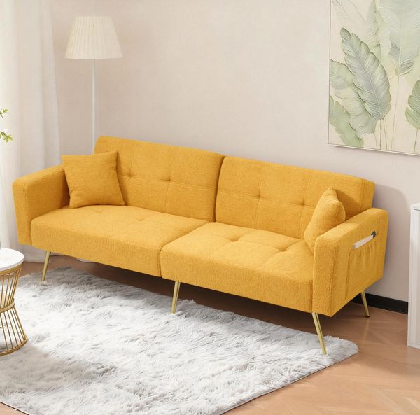 Schlafsofa mit Bettfunktion & Seitentaschen, 175 x 64 x 72 cm, Gelb