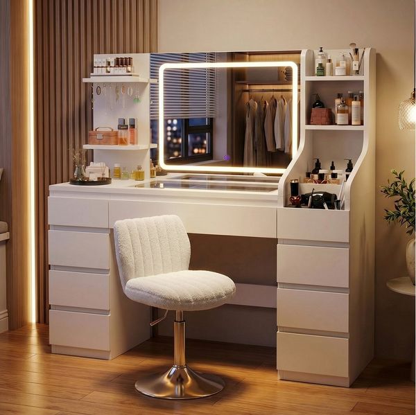 HOMALL Schminktisch Dreifarbiger, LED-beleuchteter Schminktisch Extra großer Stauraum (Maße: 135 × 40 × 137 cm, Arbeitsplatte aus gehärtetem Glas, mit 7 offenen Ablagefächern + 9 Schubladen, 2 Steckdosen + 1 USB-Anschluss + 1 Typ-C-Anschluss, Halterung...