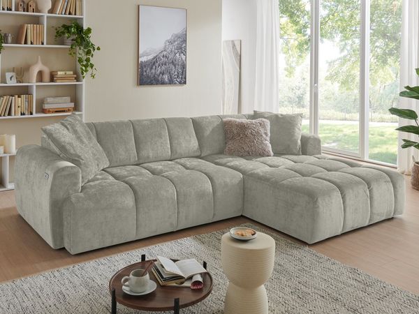 Massivart® Ecksofa silbergrau 288 cm / elektr. XXL-Sitztiefenverstellung »BINGO«, Nosagunterfederung · frei im Raum stellbar · inkl. 2 Zierkissen