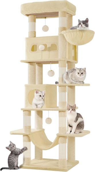 Kratzbaum groß, 170 cm hoch, Katzenbaum, mit 8 Kratzbäume, 2 Höhlen, groß Plattformen, Waschbare Matte, Hängematte, Plüschbälle, mehrstöckiger katzenkratzbaum, Beige