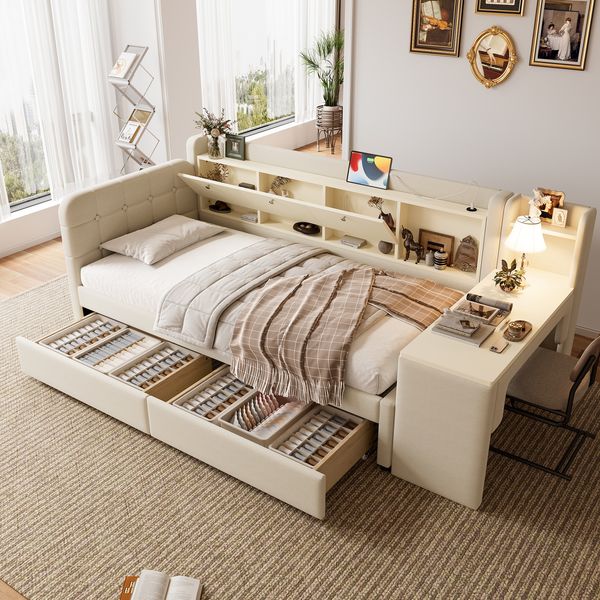 Daybett 90x200 cm mit 2 Schubladen, Schreibtisch, USB- und Typ-C-Anschluss, Leinen in Beige