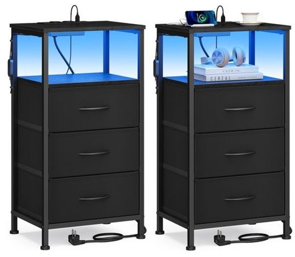 SONGMICS Nachttisch mit LED-Beleuchtung und Ladestation, 2er Set, Nachttisch mit 3 Schubladen und offenem Fach, schwarz