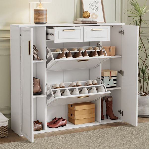 Merax Schuhschrank mit 2 Schubladen, 2 Klappen, 2 Türen (1-St, Schuhkommode, Schmal Schuhregal) 120×24×107cm, Weiß