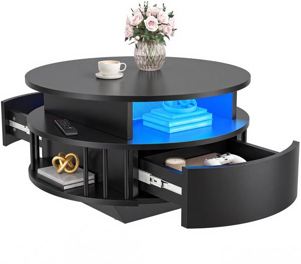 YITAHOME Moderner runder Couchtisch mit LED-Licht, 70 cm Couchtisch mit 2-stufigem Stauraum und 2 Schubladen, geriffelter Couchtisch mit Regalen, Beistelltisch für Wohnzimmer, Schwarz