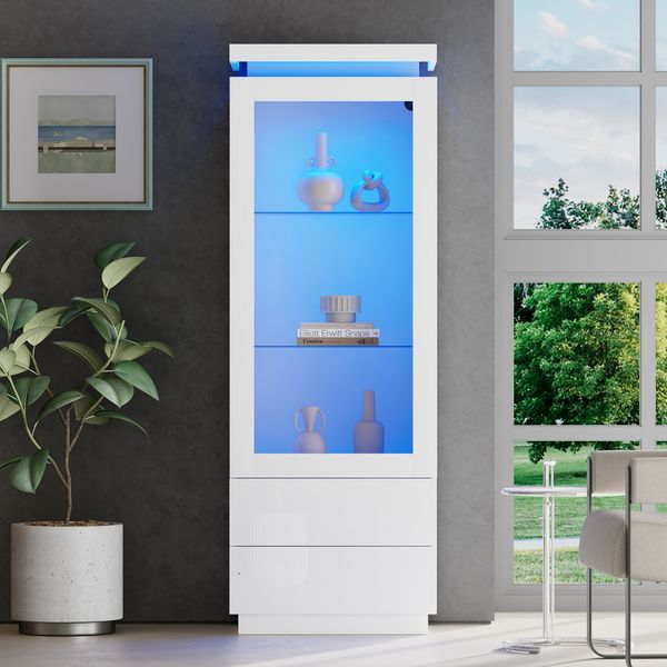 Vitrine 60 x 40 x 171 cm in Weiß, Hochglanz mit 2 Schubladen, Acryl-Tür und LED-Beleuchtung