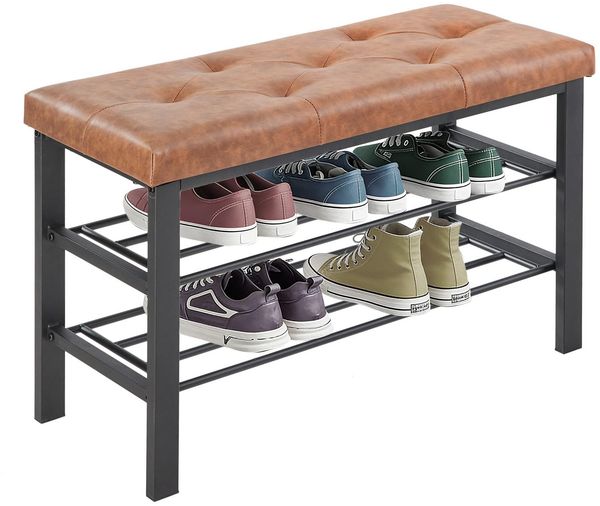 Sweetcrispy Schuhbank, Schuhregal mit 3 Ebenen, Schuhregal mit Sitzbank, 32 x 81 x 50 cm, Sitztruhe, Kunstleder & Metallgestell, Schuhaufbewahrung für Wohnzimmer Eingangsbereich Flur, Braun