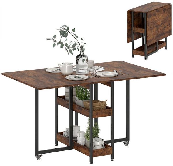 HOMCOM Klapptisch Esstisch Klappbar für 2-4 Personen mit 2 Offenen Ablagen (Küchentisch, 1-St, Mobiler Esszimmertisch), für Kleine Räume, Esszimmer, Küche 133,4 x 80 x 74 cm Rustikal-Braun