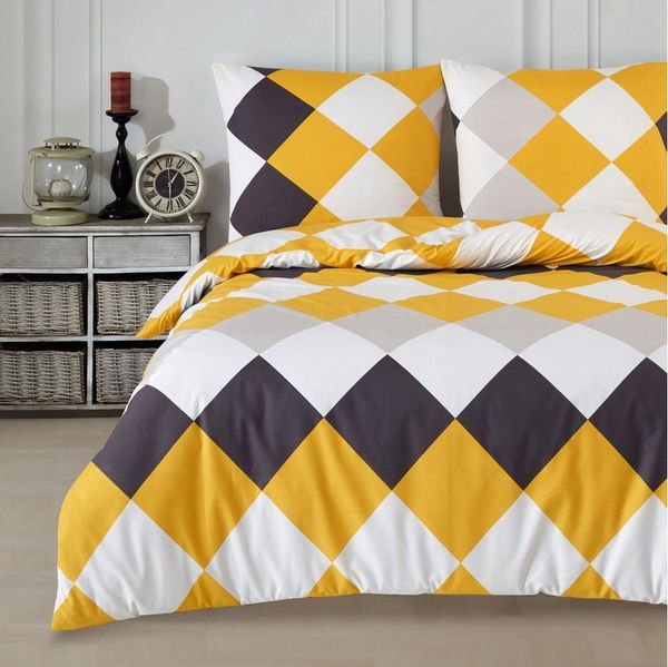 Buymax Bettwäsche Anaga, Bettgarnitur, Bettbezug Set, Renforce: 100% Baumwolle, 3 teilig, mit Reißverschluss, modern gemustert, Karo, Gelb, 200x220 cm