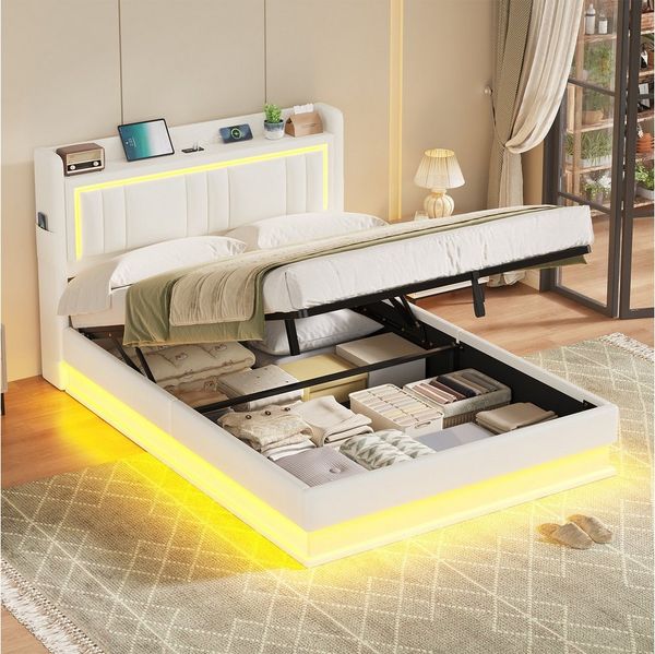 KIMENICH Polsterbett Hydraulisches Bett, Jugendbett mit LED Beleuchtung und Ladestation (1-tlg, Ohne Matratze), Schwebender visueller Effekt, 140x200 cm
