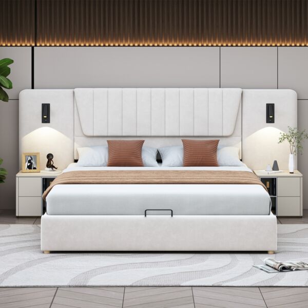 Merax Polsterbett mit Leselampe USB-Ladeanschluss, Samt beige, 180x200 cm