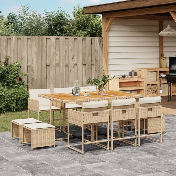 vidaXL 11-tlg. Garten-Essgruppe mit Kissen Beige Poly Rattan 3278103
