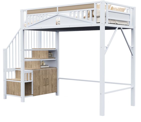 Merax Hochbett 90 x 200 cm, Kinderbett, Einzelbett, Einzigartiges Sicherheitsgehäuse mit Fenster, Sicherheitsleiter mit Spind, Weiß Bild 10