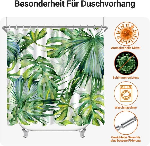 Duschvorhang 120x200cm Grün Blätter, Antischimmel Textil, Wasserdicht, Waschbar Bild 6