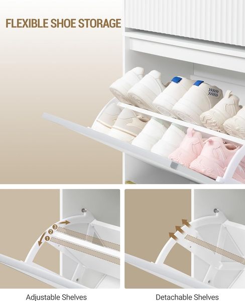 Schuhschrank mit 3 Klappen, Schuhkipper Schmal, Wellenförmiges Türblatt, Verstellbar, 16-18 Paar, Schuhkommode für Eingang, Flur, Garderobe, 24 x 60 x 146,5 cm, Weiß-Silber Bild 6