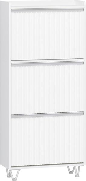 Schuhschrank mit 3 Klappen, Schuhkipper Schmal, Wellenförmiges Türblatt, Verstellbar, 16-18 Paar, Schuhkommode für Eingang, Flur, Garderobe, 24 x 60 x 146,5 cm, Weiß-Silber Bild 2