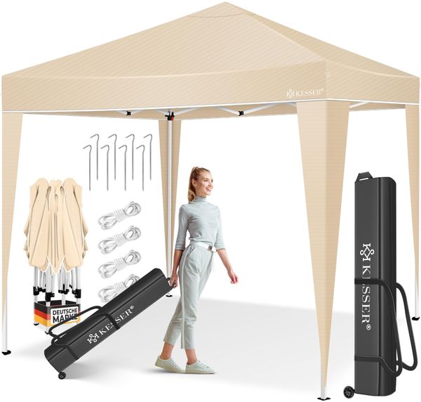 KESSER® Faltpavillon mit Tasche, ohne Beleuchtung, wasserdicht und UV-Schutz 50+, Metall / Polyester beige, 300x300 cm
