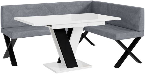 MEBLINI Eckbank für Esszimmer mit ausziehbarem Tisch - Küchenbank - Essecke - Sitzecke Küche - ERIC - X-Beine 128x168x87cm Rechts - Grau Samt/M Weiß-Schwarz Hochgl.