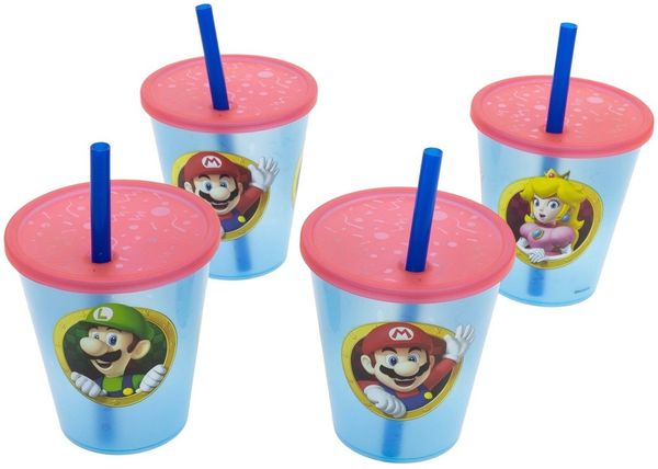 Super Mario Kinder Becher Set 4 teilig 285 ml Becher mit Trinkhalm